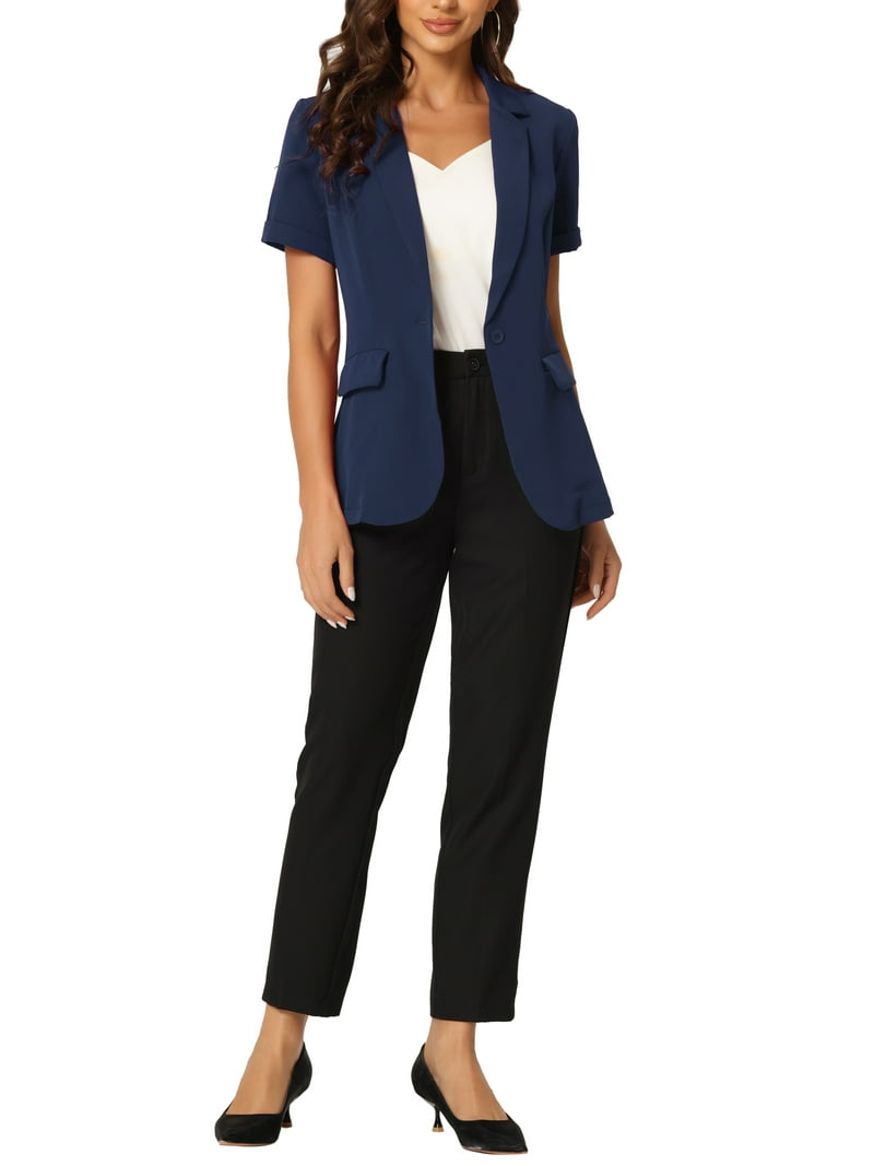 women's short sleeve dress jackets Inspire Chic Women's Blazer Notch Lapel Collar Short Sleeves One Button Wear-to-Work Suit Jackets XS Dark Blue