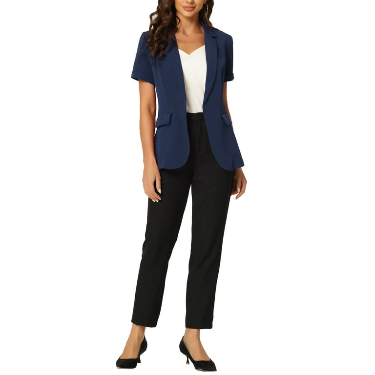 Unique Bargains Women's Short Sleeve Blazer Button Office Suit