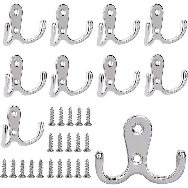 10 Pieces Coat Hook, Metal Double Coat Hook with Screws, Bathroom Hook, for Shelves, Drawers, Bath, Bedroom Hook and Decor (Silver)