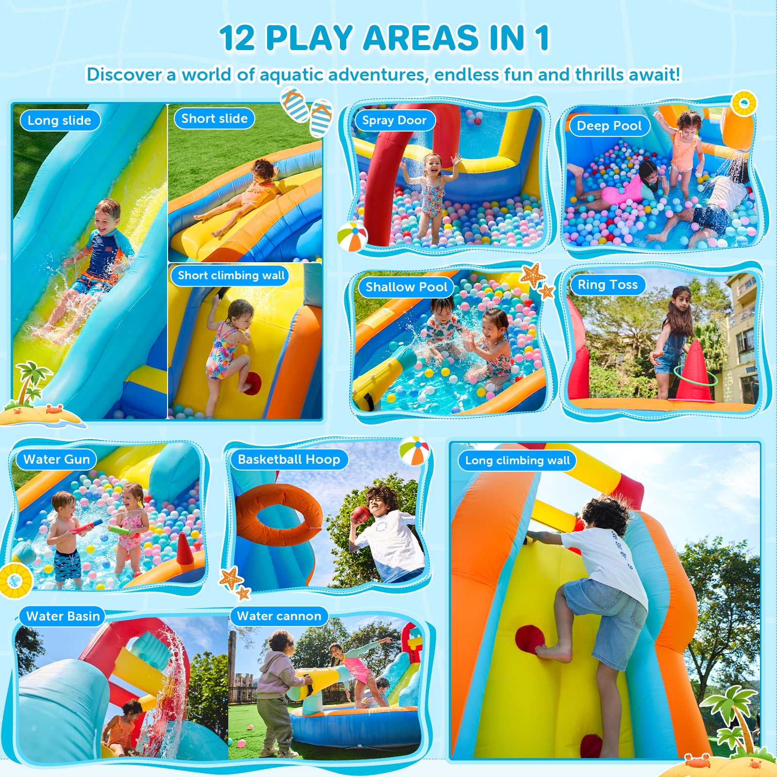 Patbrela Inflatable Water Slide Bounce House with Blower, 202x145x100inches, 12-in-1 Water Park with Extra Long Water Slide, Deep Pool, Basketball Hoop, Water Basin, Spray Door, Indoor/Outdoor