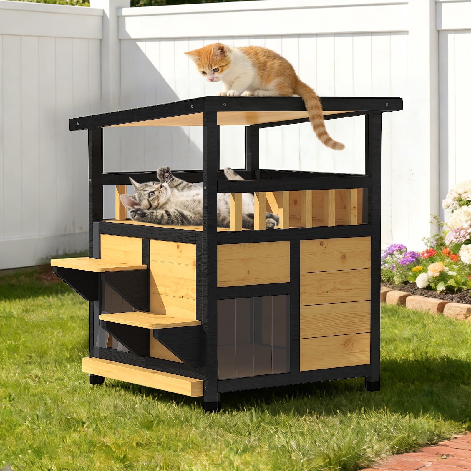 TIMHAKA 2-Story Outdoor Cat House, Wooden Feral Cat Shelter w/ Escape Door, Pull-Out Bottom & Scratching Mat
