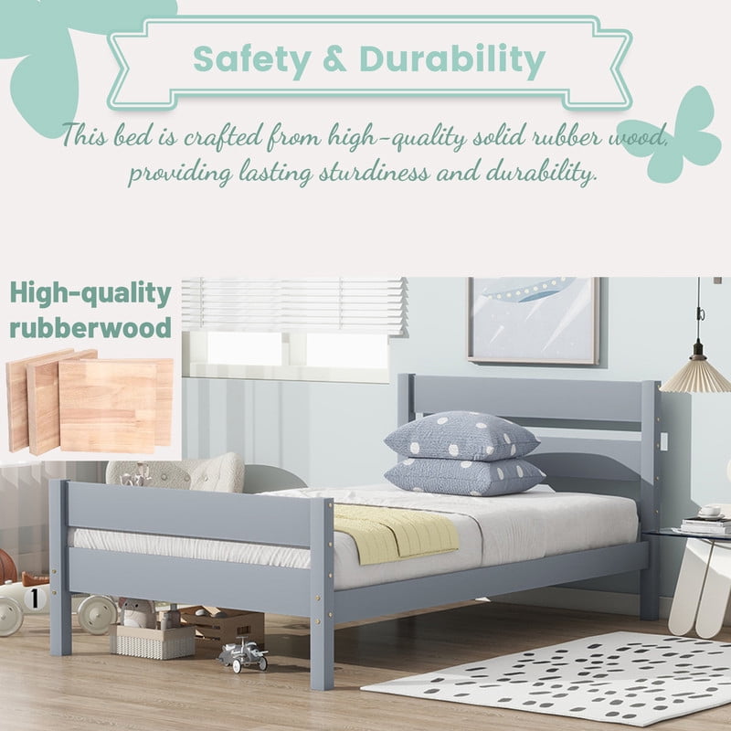 Mirightone Twin Platform Bed with Headboard & Footboard, Twin Wood Bed Frames for Teens, Adults, Grey