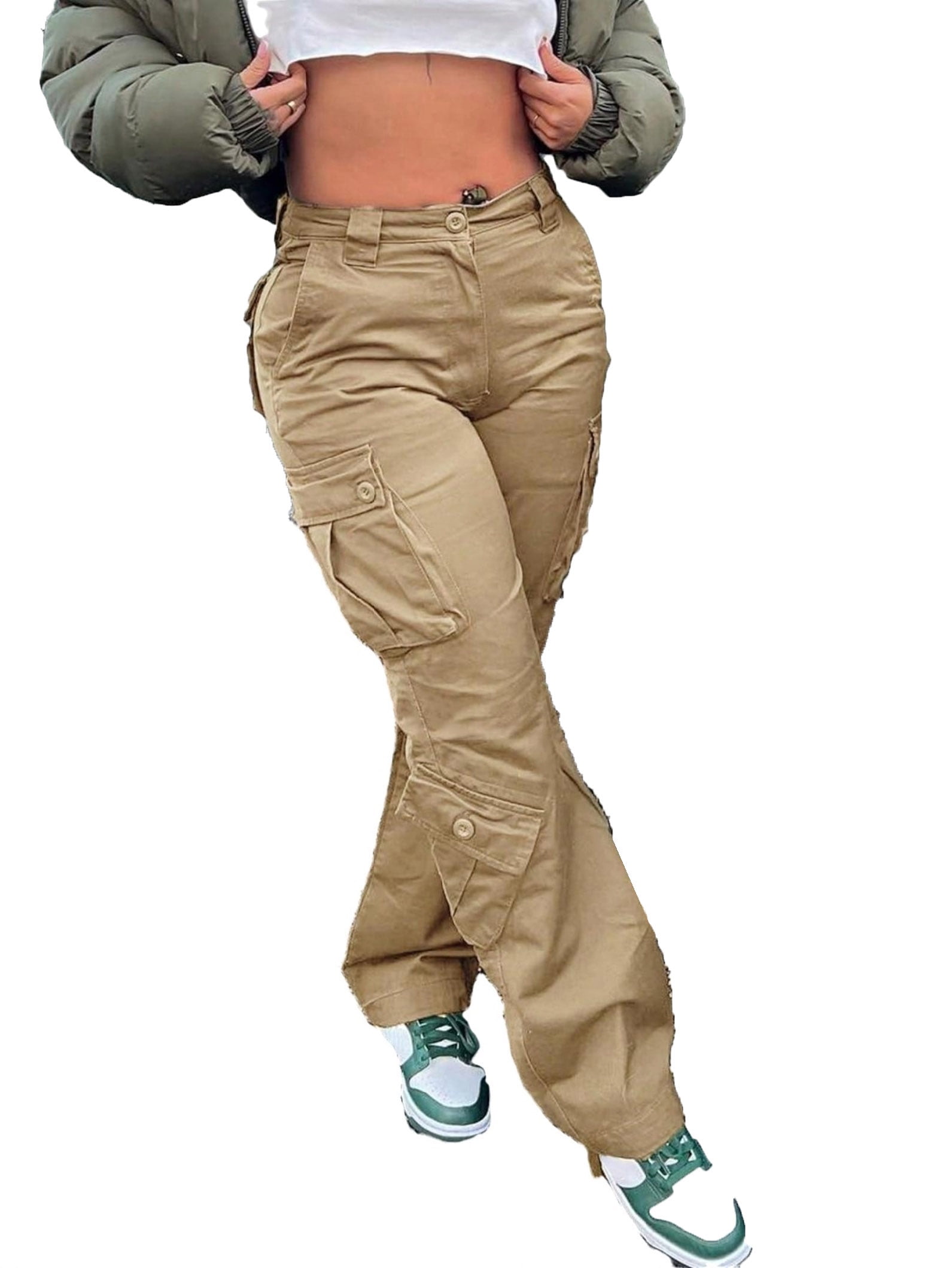 Women's Casual Plain Cargo Pants Khaki Pants XS (2)