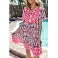 thumbnail image 4 of Women's Pink Bohemian Print Tie Neck Ruffle Hem Short Dress, 4 of 12
