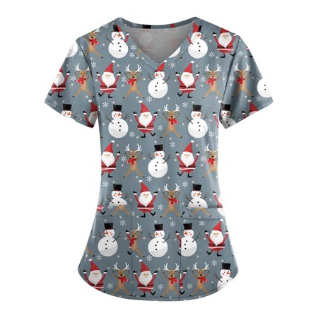 

TAIAOJING Women Scrubs Top Workwear Casual Shirt For Merry Christmas Printed Short Sleeve V Neck Cartoon Working Tshirts Blouse Tops With Pockets