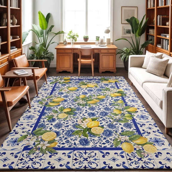 Large Area Rugs 5'x8', Summer Lemons Carpet Runner Indoor Outdoor Rugs Home Decor Aesthetic, Watercolor Yellow Fruits Blue Flowers Beige Non Slip Mats Washable Accent Rug for Living Room Bedroom