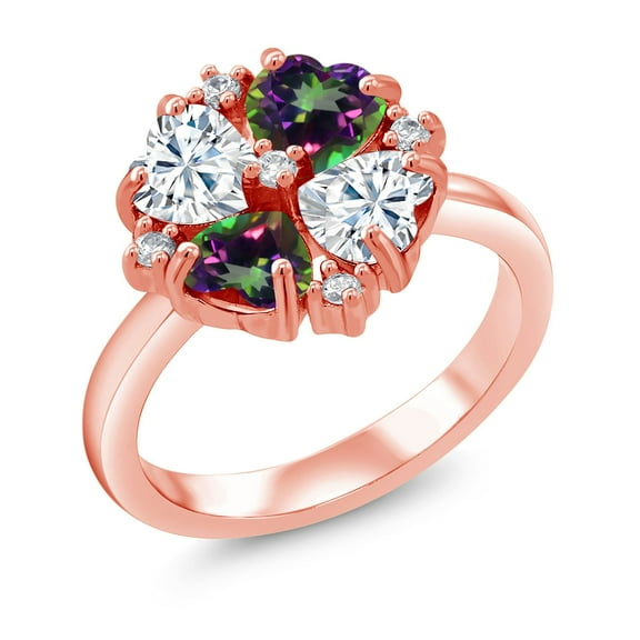 Gem Stone King 18K Rose Gold Plated Silver White Moissanite and Green Mystic Topaz Ring for Women (2.12 Cttw, Heart Shape 5MM, Gemstone Birthstone, Size 7)