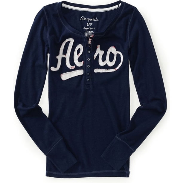 Aeropostale Womens Script Henley Shirt, Azul, Small Aeropostale henley