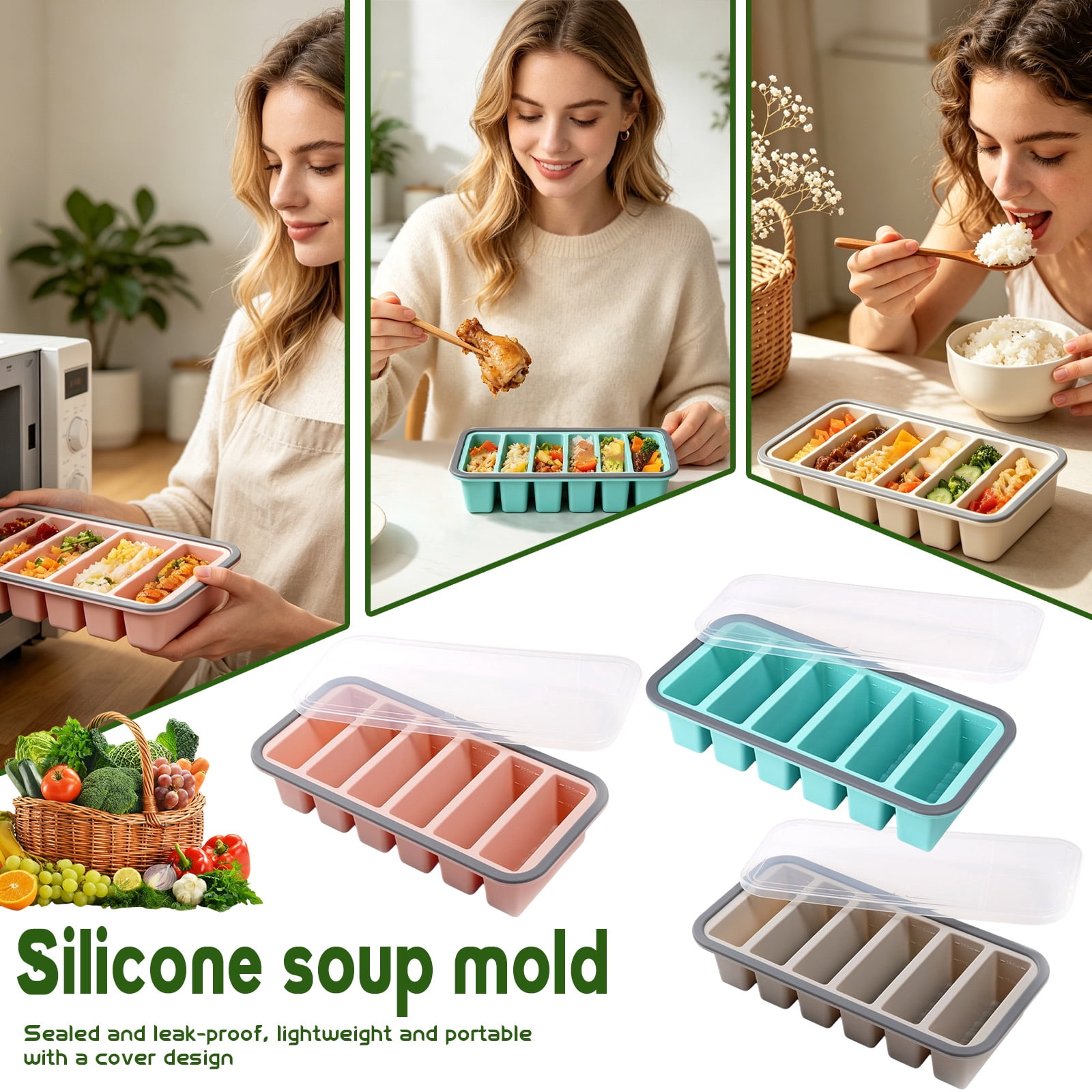 Cup Silicone Freezer Molds with Lid, Soup Container Style Ice Cube Trays for Freezer - Reinforced Ring Top for freezing Soup Sauce Broth Leftovers, Dishwasher & Oven Safe, BPA Free
