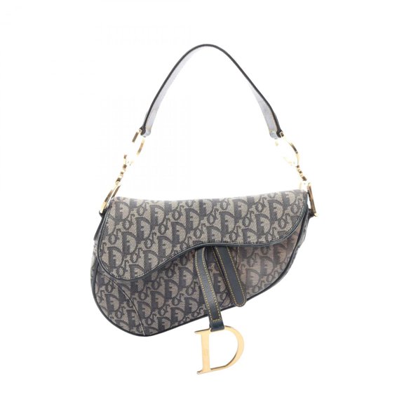 Pre-Owned Christian Dior Saddle Bag Trotter Handbag, Canvas and Leather, Women's, Gray/Navy