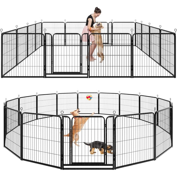 Dog Playpen Outdoor Extra Wide 16 Piece Panels Heavy Duty Dog Fence 32" Height Anti-Rust with Doors Portable for RV Camping Yard, Total 42FT, 140 Sq.ft, Snowy Black