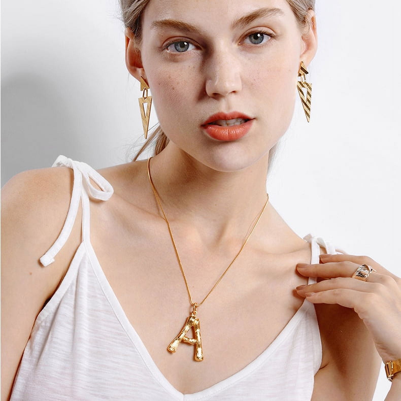 FOCALOOK Bamboo Initial Necklace for Women Oversize Letter S Pendant Capital Alphabet Statement Necklace Gold Plated