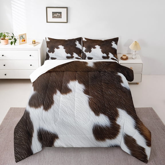 Cow Print Comforter Set Queen Size, Highland Cattle Cowhide Printed Ultra Soft Duvet Set, Western Farm Cowboy Pattern All Season Down Alternative with 2 Pillowcases, Brown White