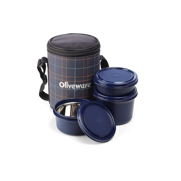 Boîte à Lunch Infinite avec Sac en Tissu de Qualité Supérieure - Bleu / 3 Contenants Intérieurs en Acier avec Couvercles Hermétiques, 290 ml, 450 ml et 600 ml - Sans BPA, Va au Micro-Ondes et Étanche