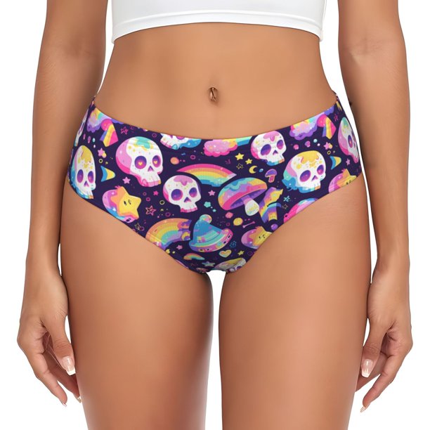 Balery Skull colorful mushroom rainbow Ropa Interior de Algodón para Mujer con Dibujo – Braguitas Cómodas y Elásticas, Estilo Clásico-Small