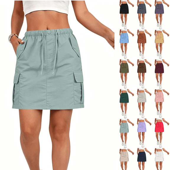 Cargo Skorts for Women Elastic Drawstring High Waisted Golf Hiking Skirt with 4 Pockets Casual Summer Athletic Skort,Light Green,M