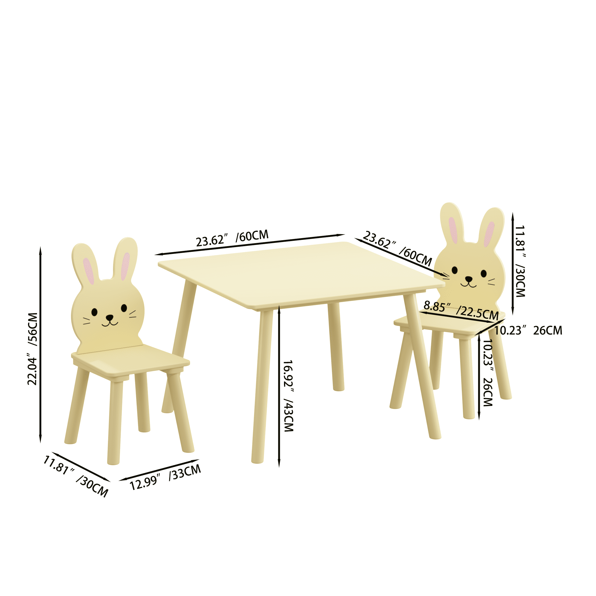 Kids Table and Chair Set with 2 Bunny Chairs, Children's Wooden Activity Table for Toddlers, Cute Animal Design Study Play Set for Playroom, Bedroom, Classroom