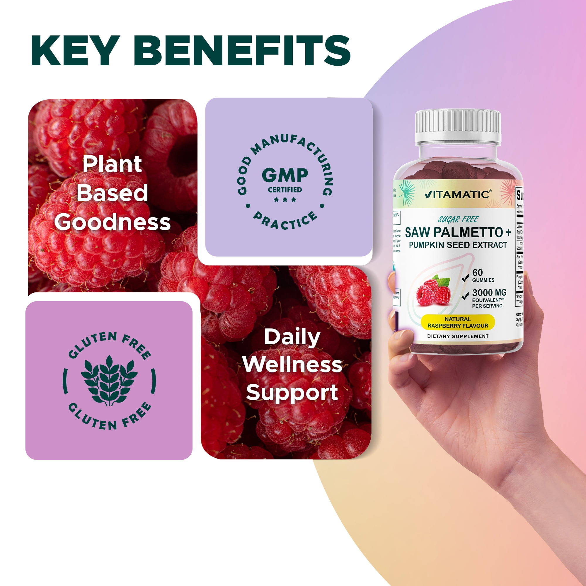 (2 pack) Vitamatic Sugar Free Saw Palmetto with Pumpkin Seed - 3000 mg Equivalent per Serving - Natural Raspberry Flavor - 60 Count