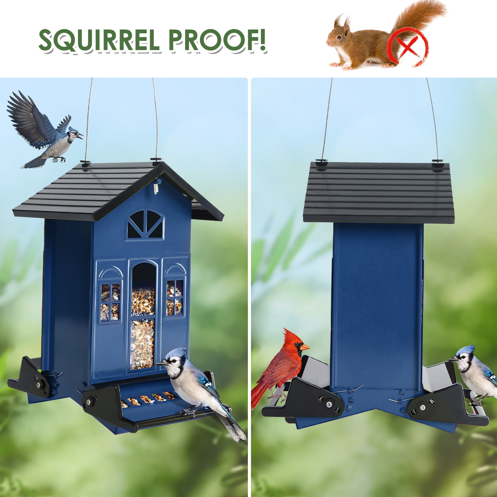 Birdkiss 5lbs Squirrel-Proof Wild Bird Feeder with Bilateral Weight-Activated Perches, 14 Feeding Ports, Outdoor Bird Feeder for Garden Yard Outside, Blue
