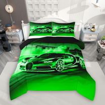 Manfei Speed Racing Car Full Size Comforter Sets 3-Piece for Teen Boys Men, Green Sports Car Bedding Comforter Set, Race Car Game Bedding Sets, Luxury Bedroom Decor