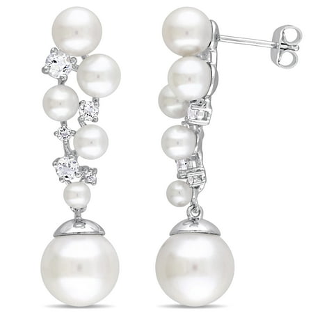 Miabella White Cultured Freshwater Pearls and 1-1/10 Carat T.G.W. White Topaz Sterling Silver Drop Earrings