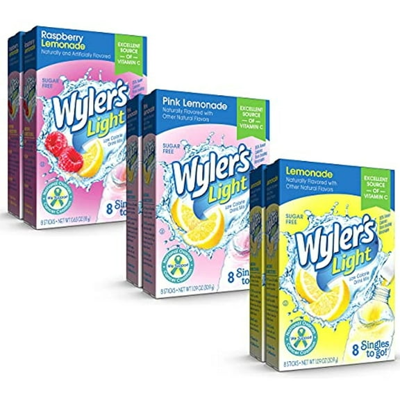 Wylers Light Singles To Go Powder Drink Mix, 2 Raspberry Lemonade, 2 Pink Lemonade, 2 Lemonade, Variety Pack, 1 Ct