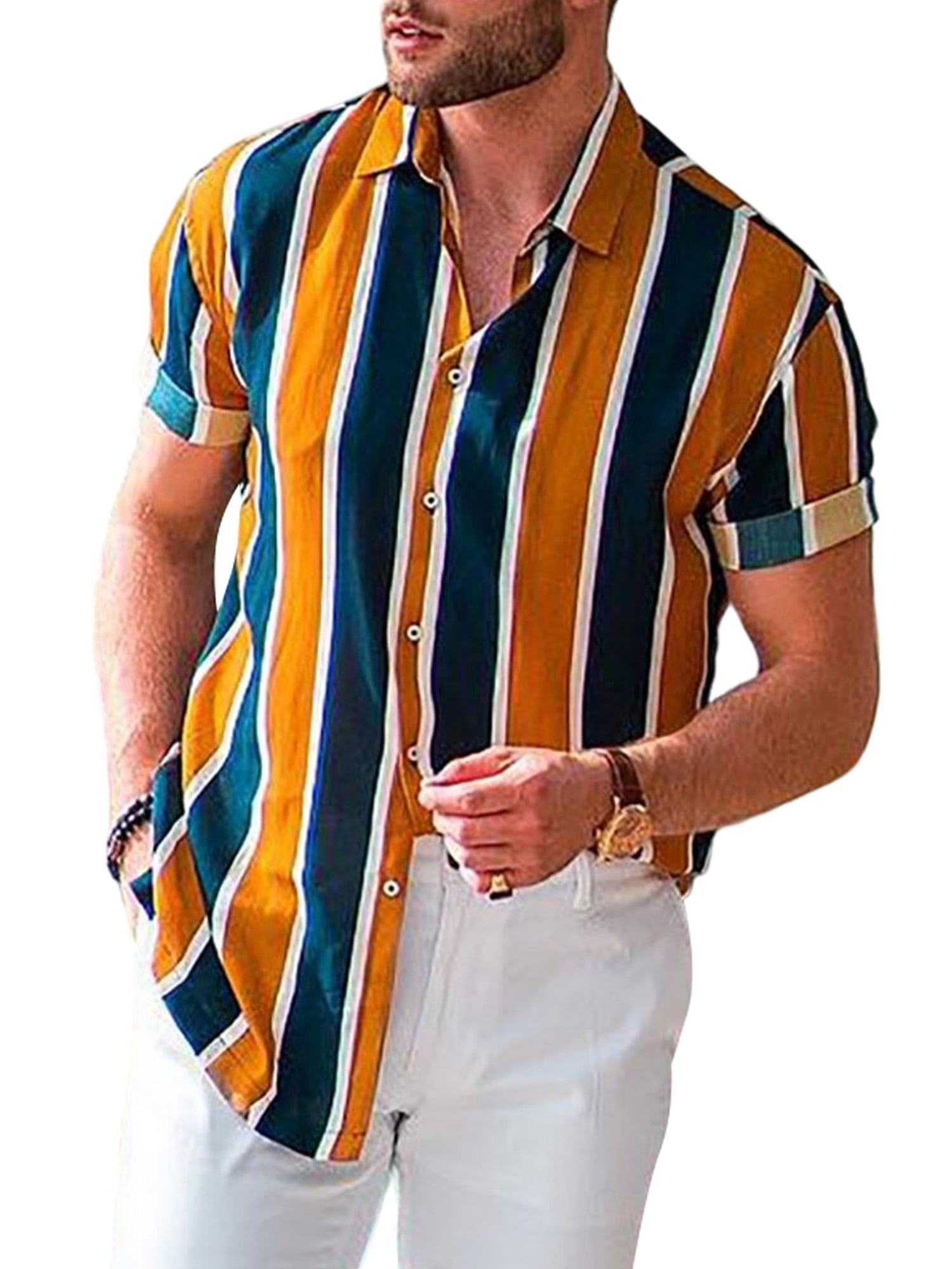 Capreze Mens Striped V Neck Shirt Loose Baggy Summer Button Down Shirts  Beach T Shirt Short Sleeve Tops TTB66-61 3XL 