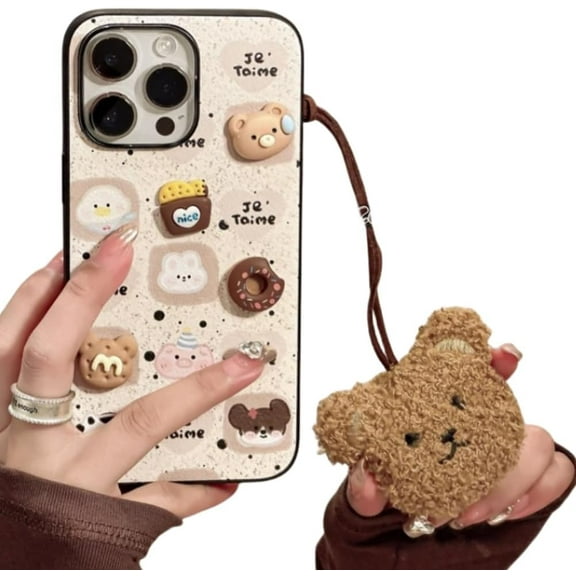 for iPhone 14 Case with Plush Teddy Bear Phone Charm Chain 3D Bear Donut Cute Phone Case Phone Protective Cover for Women Girls Soft TPU Shockproof Cover