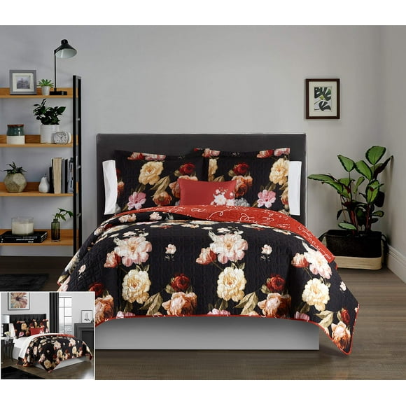Chic Home Euphemia 4 Piece Reversible Quilt Set Floral Print Cursive Script Design Bedding-Decorative Pillow Shams Included, King, Black