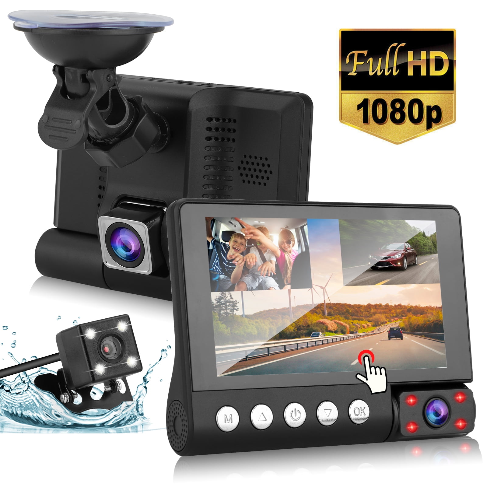 Caméra Embarquée Voiture Dashcam Full HD 1080P,4 Pouces Voiture Grand Angle 170° Mode Stationnement Détection Mouvement Enregistrement Boucle Carte SD 32 Go 3 Lens Dash Cam + 32G Micro SD Card 