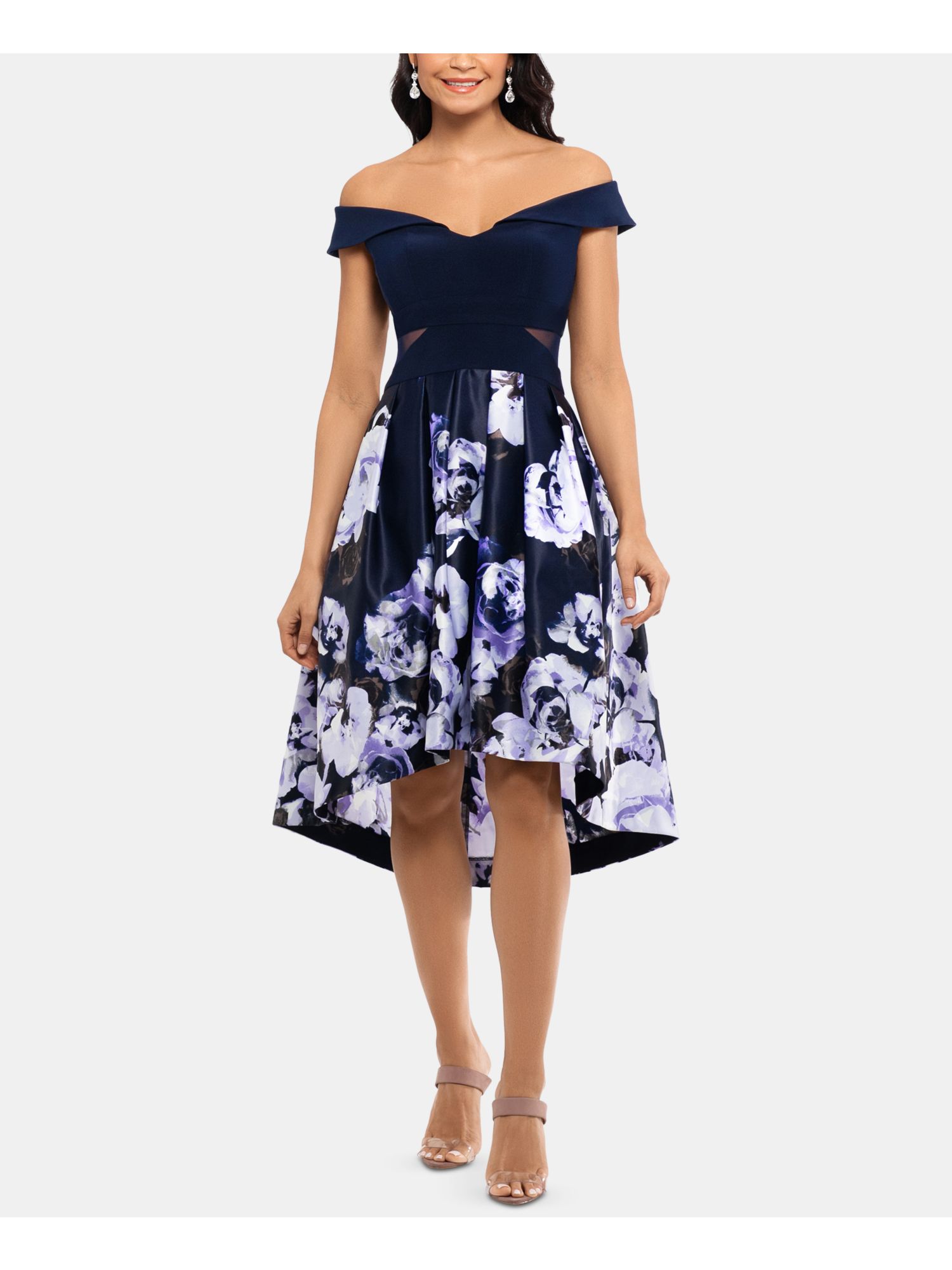 xscape off the shoulder midi dress