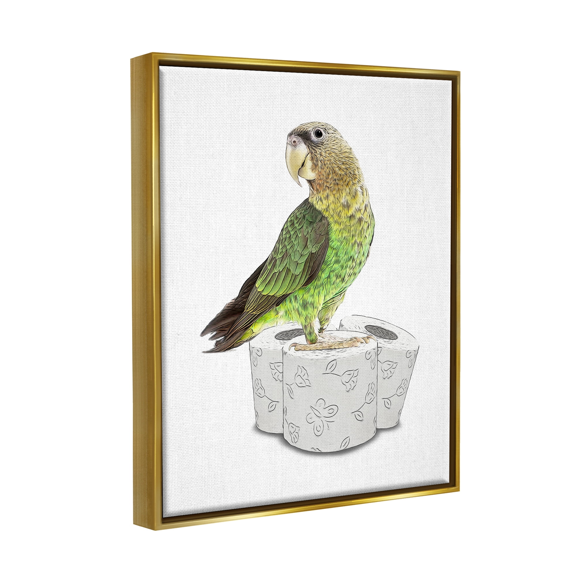 Stupell Industries Parrot Perched Toilet Paper Rolls Animals & Insects Painting Gold Floater Framed Art Print Wall Art