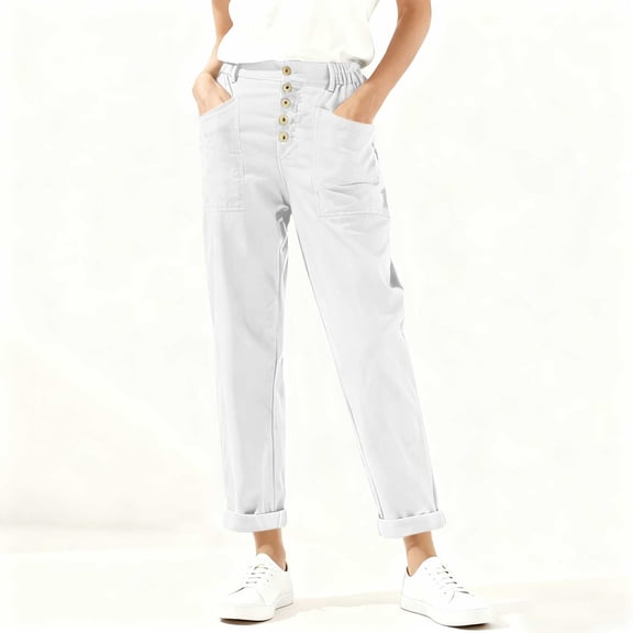 Dxzfnsa Womens Summer Pants Women's Loose Casual Solid Color Pants Summer Straight Leg Pants Cotton Linen Button Waist Trousers with Pockets