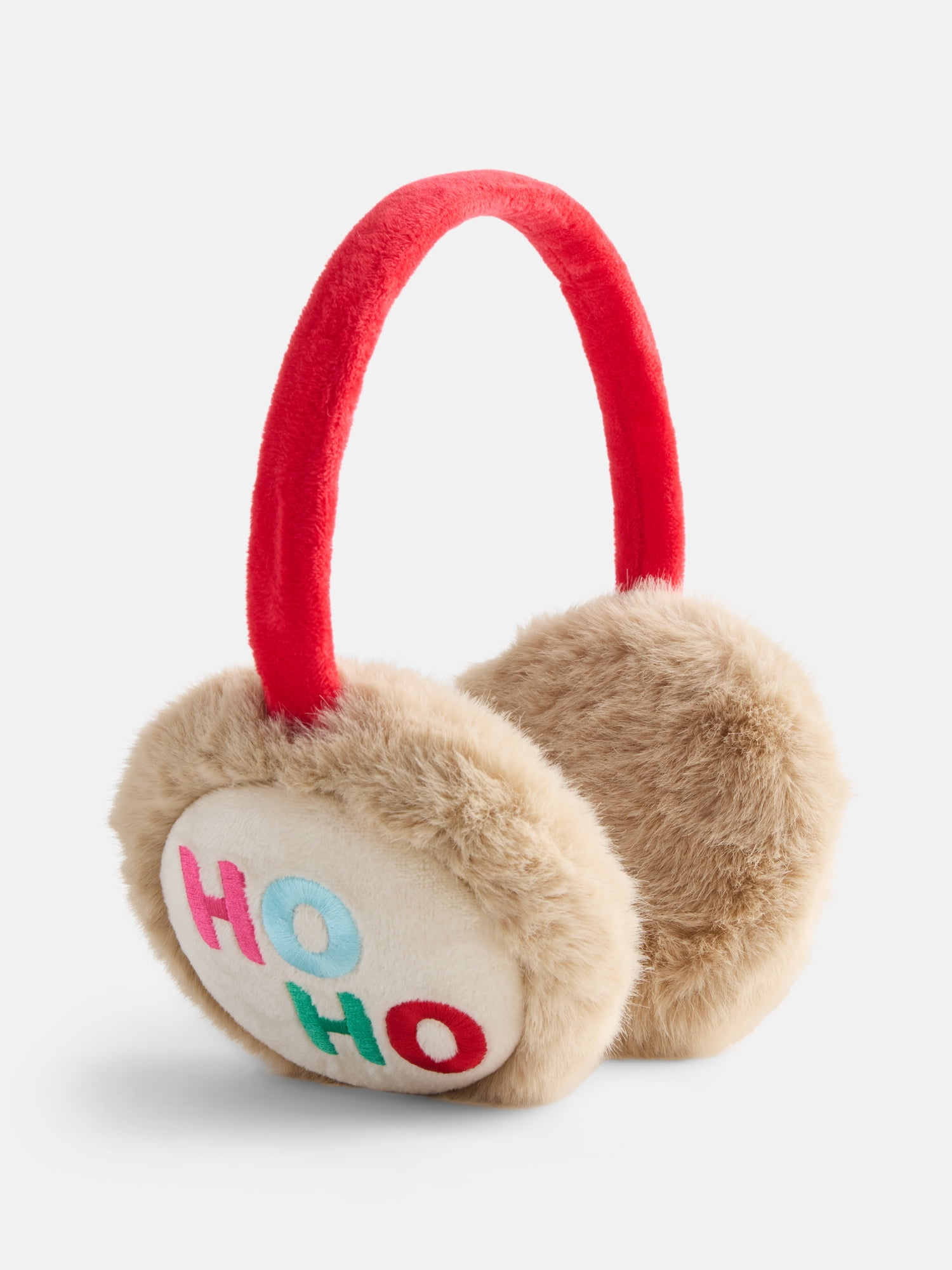 Holiday Time Women's Faux Fur Ho Ho Ho Earmuffs, Oatmeal