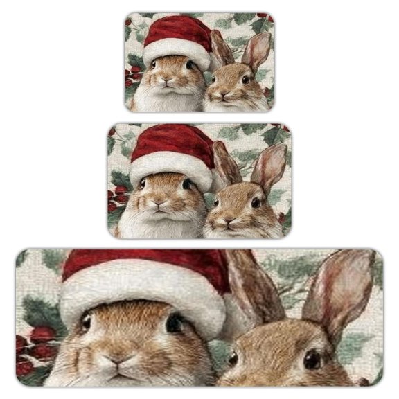 RKSupls Kitchen Rug Set 3 Piece Anti-Slip Flannel Floor Mats, Christmas Rabbits Holly Washable Absorbent Runner Mats for Kitchen Bathroom Home Decor