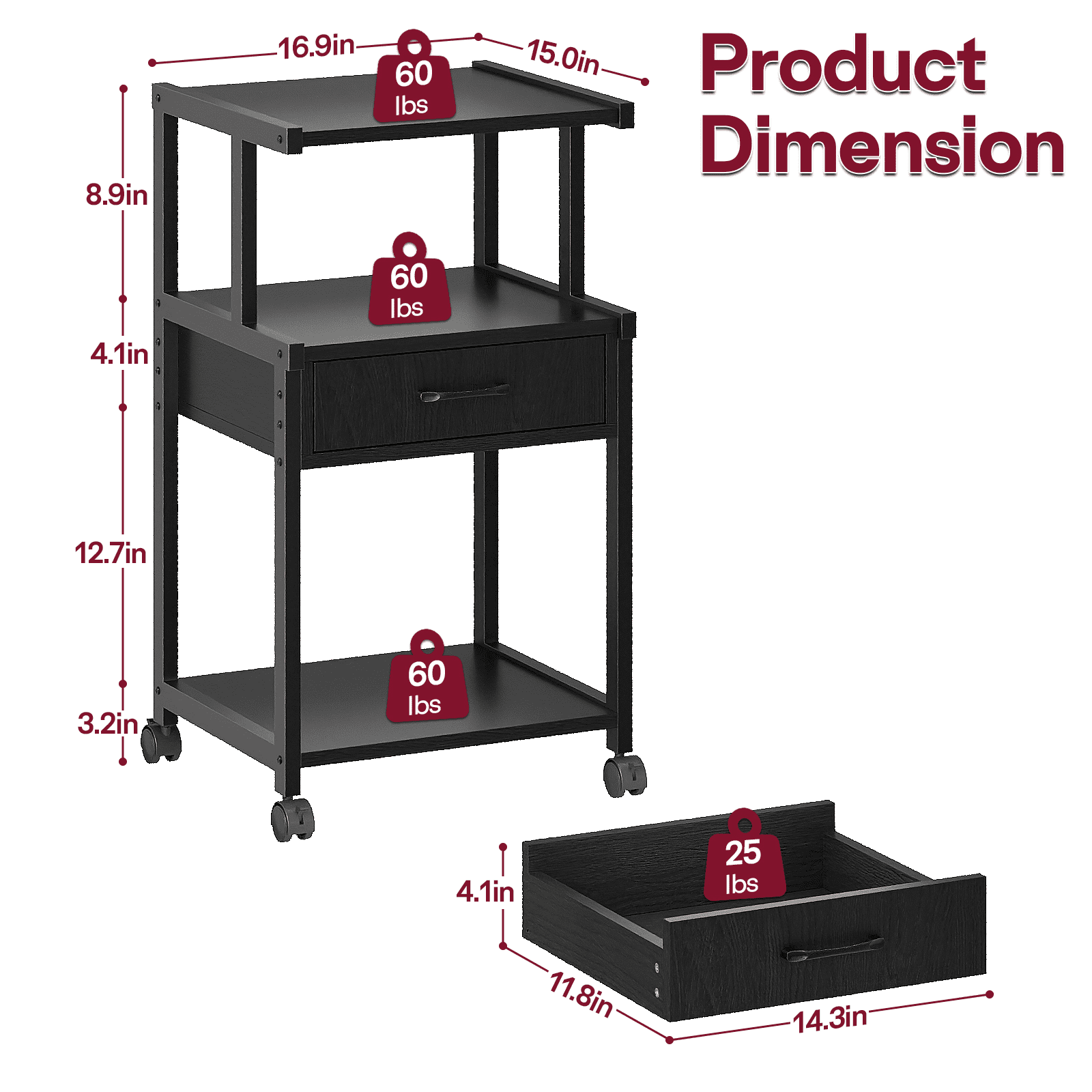ALISENED 3-Tier Mobile Printer Stand with Storage Rolling Floor-Standing Deskside Shredder Storage Shelf Rack for Home Office,Study,Living Room