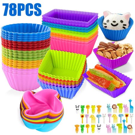 

dosili 78Pcs Lunch Box Dividers with Fruit Fork Bento Silicone Cupcake Liners Heat Resistant Muffin Cups Baking Cake Molds Set for Kids