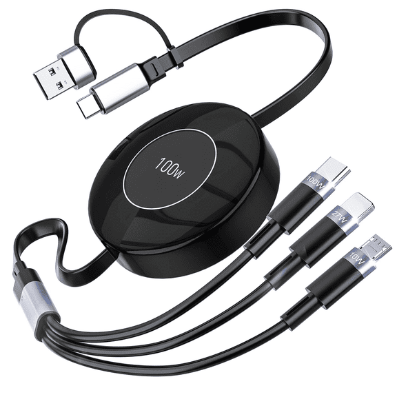 Bravoul 100W Multi Charging Cable, 6-in-1 Retractable USB C/A Cable(4.3ft),Black