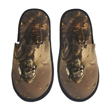 

Fuzoiu Apocalyptic Skull Soldier Print Unisex Furry Slippers Plush Indoor Shoes Trendy House Slippers Anti-Skid EVA Sole House Shoes for Home Office and Travel -Large