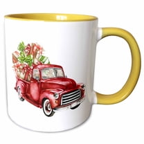 3drose, Watercolor Red Christmas Truck Full of Presents Illustration, 15oz Two-tone Yellow Mug