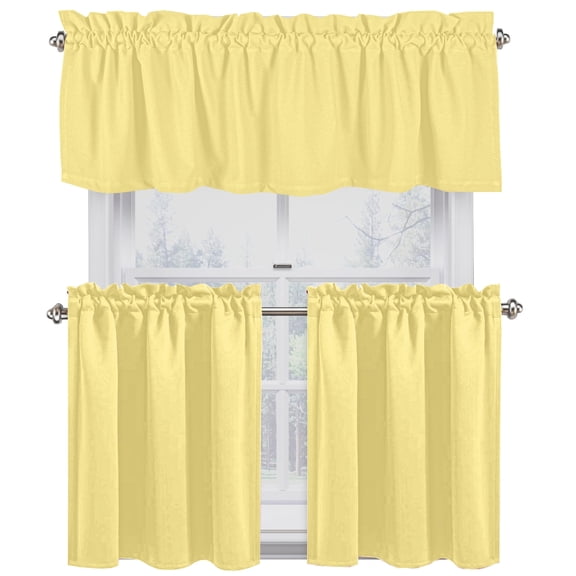 Native Fab Kitchen Window Curtain Tiers Valance Set 100% Cotton - Rod Pocket Style 3 Piece - Pale Yellow