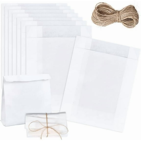 50Pcs 5x8 Inch White Paper Lunch Bags Rectangle Paper Food Bags Treat Candy Popcorn Cookies Sandwich Baking Pouches with Jute Cords for Gift Wrapping Birthday Party Wedding Favors DIY Gifts White
