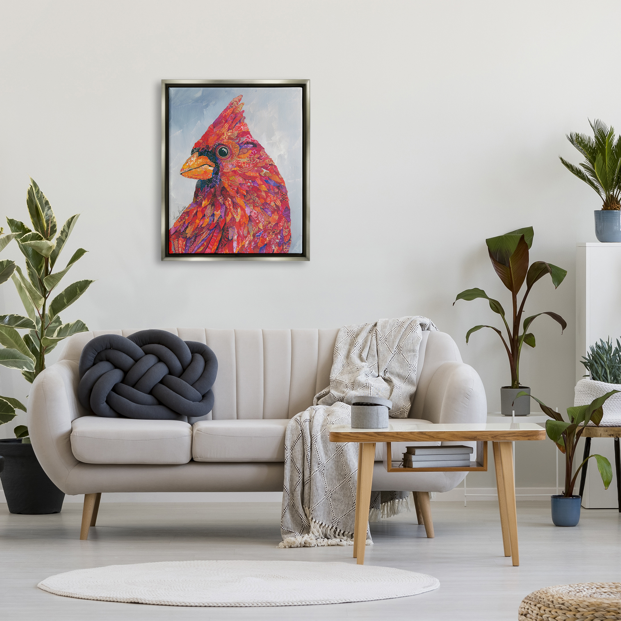 Stupell Industries The Messenger Red Cardinal Layered Collage Bird Painting Painting Luster Gray Floating Framed Canvas Print Wall Art, Design by Lisa Morales