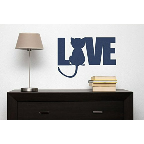 Love Cat Silhouette Vinyl Wall Decal Sticker Lettering Art, 23x16-inch, Deep Blue