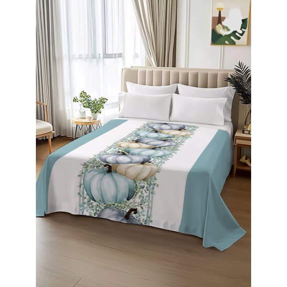 King Size Flat Sheet Only,Thanksgiving Autumn Blue Pumpkin Leaf Soft Top Bed Sheets Breathable Bedding Sheet Teal Stripes Microfiber Hotel Luxury Top Sheets