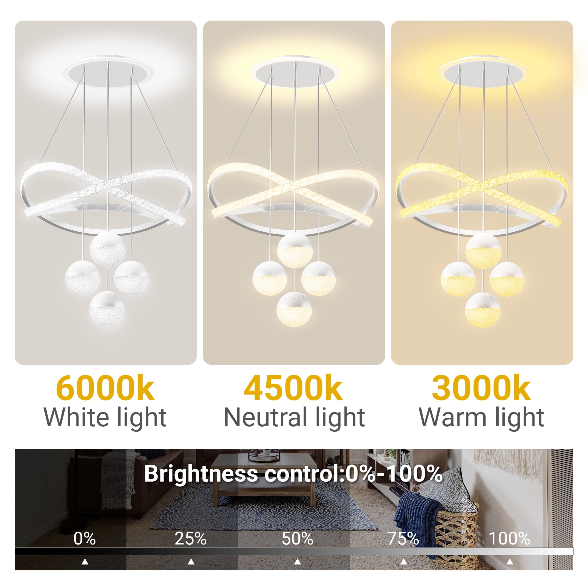 bokifol Modern LED Chandeliers,Dimmable 3-Color Kitchen Island Pendant Light for Dining Room,Bedroom,Living Room,Contemporary Hanging Ceiling Light,Linear Island Lamp,White