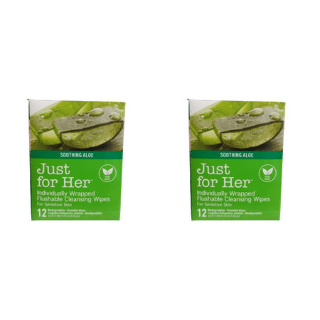 Just for Her Individually Wrapped Flushable Cleansing Wipes For Sensitive Skin, Soothing Aloe, 12 Wipes (2 Boxes) 24 Ct Total