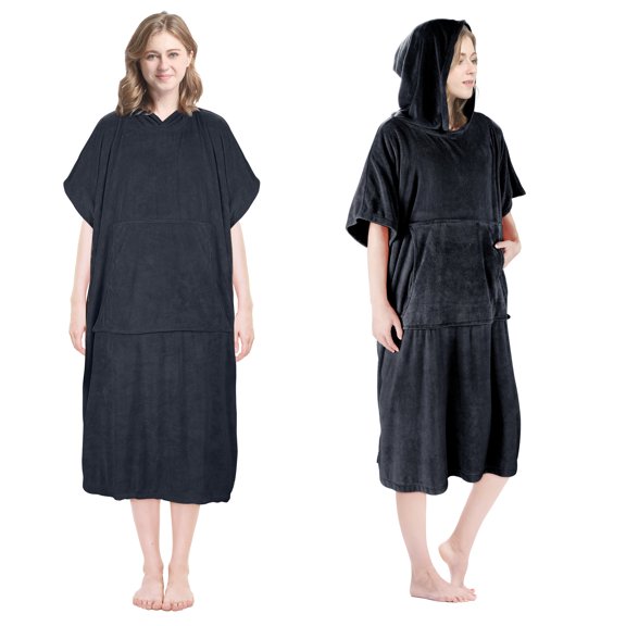Tirrinia Surf Beach Changing Towel With Hood, Super Absorbent Microfiber Swim Robe Poncho for Men Women Bath Shower Pool, Black