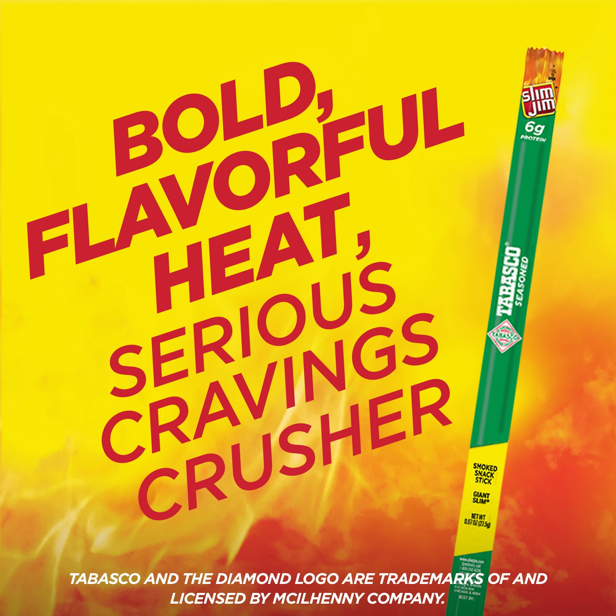 Slim Jim Giant Smoked Jerky Meat Sticks, Tabasco Flavor, 6g Protein Per Stick, 0.97 oz.