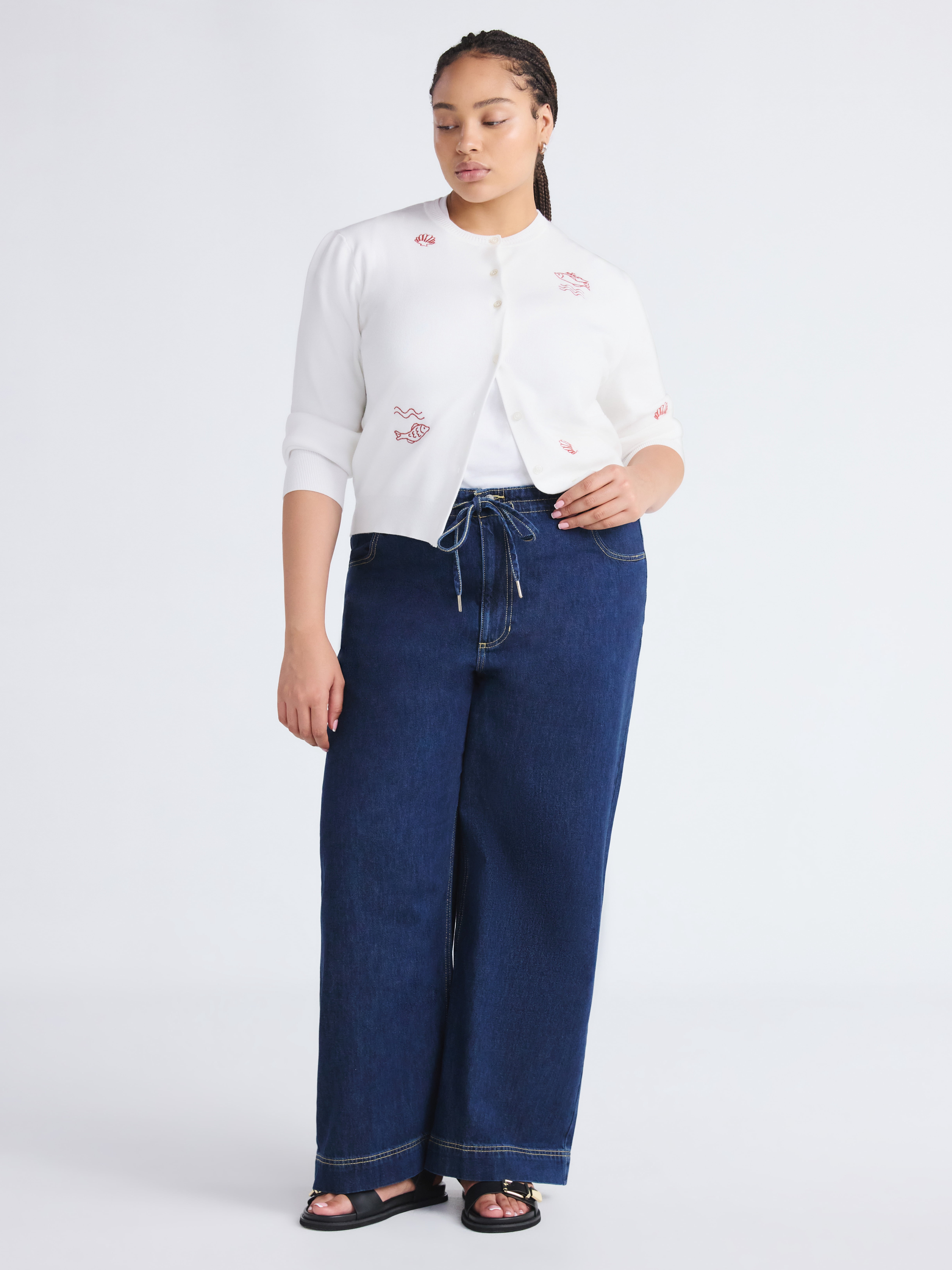 Free Assembly Women's Loose Fitting Wide Leg Jeans with Adjustable Tie Waist, 32" Inseam, Sizes 0-26